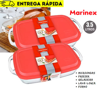 Assadeira Formas de Vidro Com Alça Pegador Tampa Marinex Seletta Retangular 3,5l Grande - 2 Peças