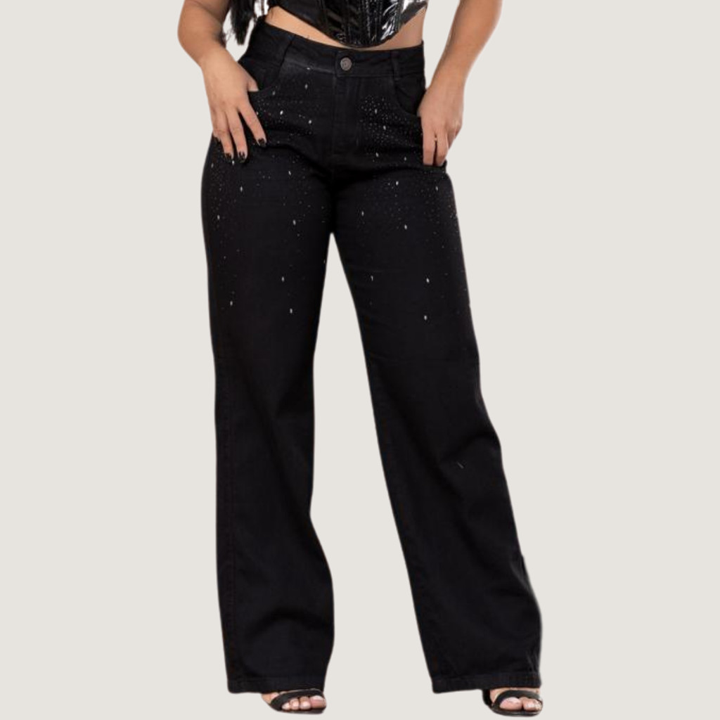 Calça Wide Leg Feminina Preta Cintura Alta com Brilho Strass Fashion Night Look Festa Trend