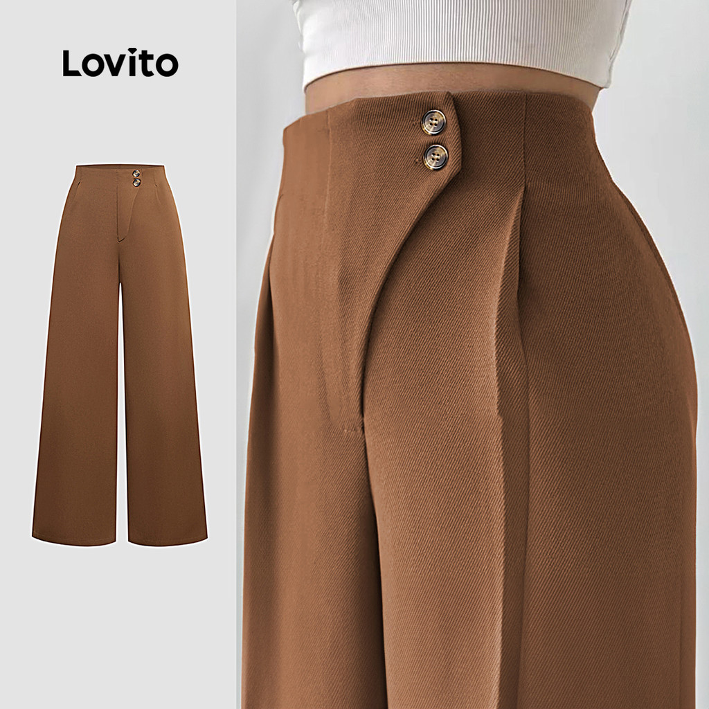 Lovito Calças Elegantes com Botão para Primavera/verão Calças Marrom para Mulheres L154LD173 em Oferta na Shopee