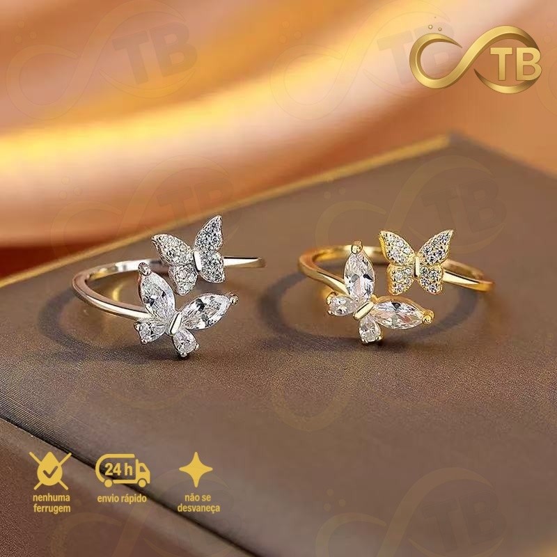 TB Colar Moda Anel Borboleta Ajustável com Glitter - Dourado e Prateado em Oferta na Shopee