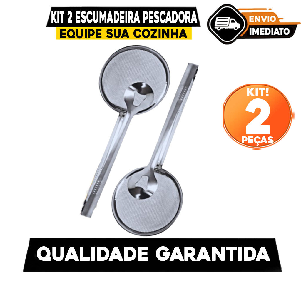 Kit 02 - Escumadeira Pescadora Para Fritura C/pegador Em Inox 2 Em 1 Variáveis Utilidades Premium