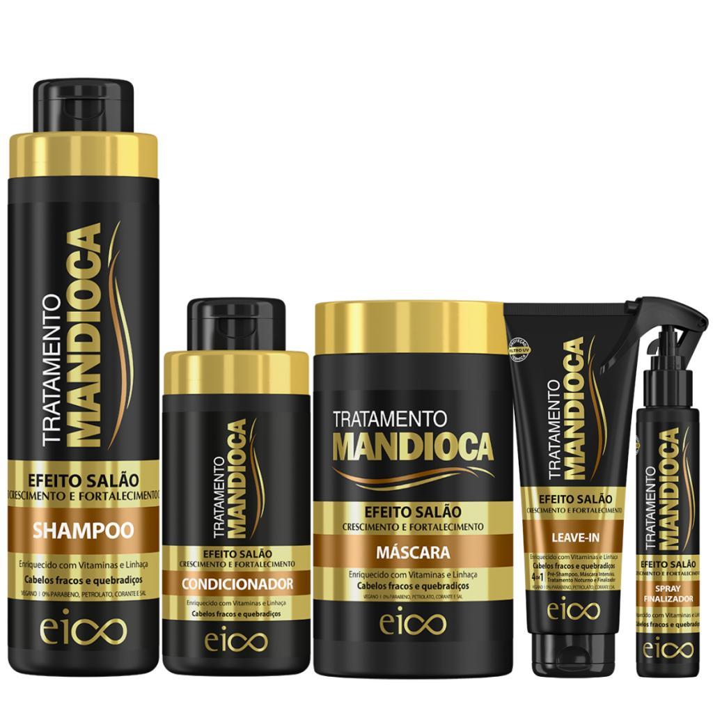 Kit Eico Mandioca Shampoo 800ml Condicionador 450ml Máscara 1Kg Leave-In 200ml Spray 120ml