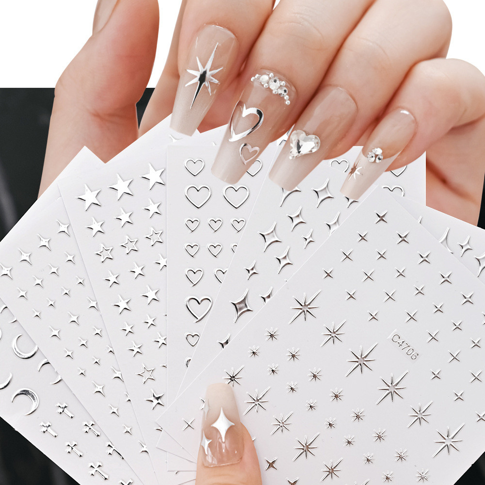 Adesivos de manicure textura de Metal líquido prata corvo coração estrela coração tamanho pequeno padrão manicure adesiv