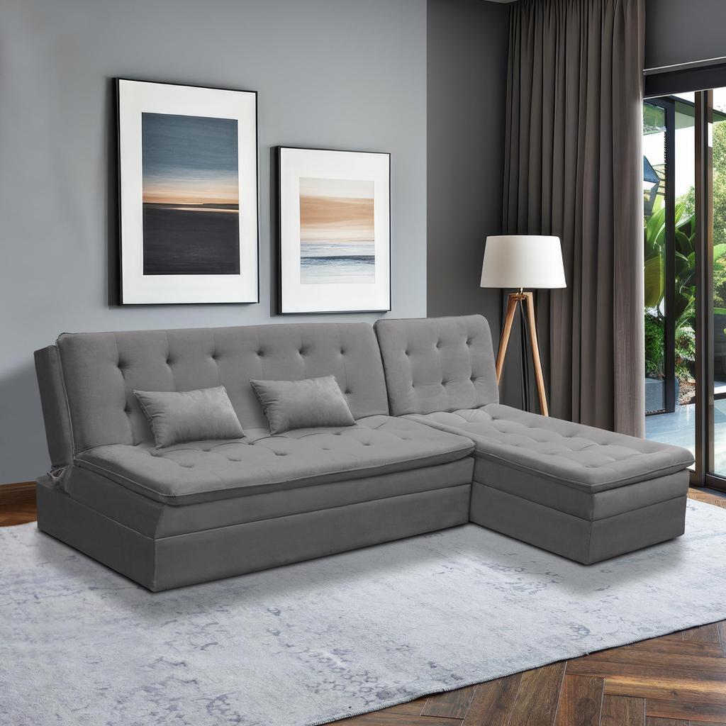 Sofá Cama King 5 Lugares 2,70m Alice Suede Cinza Adonai Estofados