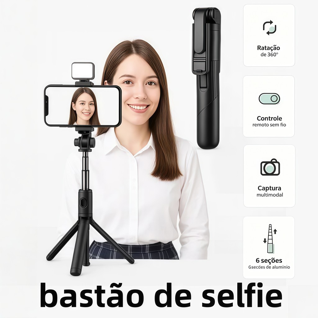 Bastão Retrátil Celular 3 em 1 com Iluminação LED e Controle Bluetooth, Compacto para Gravação e Selfies