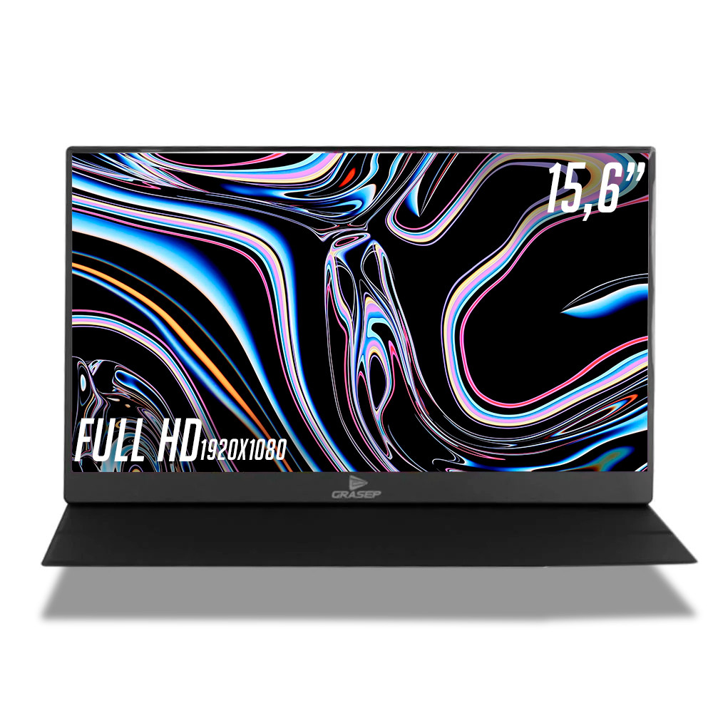 Monitor portátil de 15,6” com painel IPS Full HD 1080p alto-falantes estéreo design leve  compacto.
