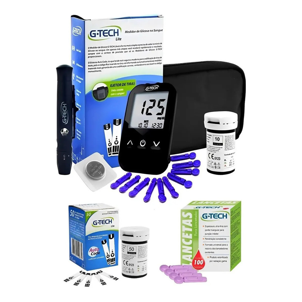 Kit Medidor Glicose Glicemia Gtech Lite 60 Tiras 110 Lanceta Precisão Prático Qualidade Uso Diário