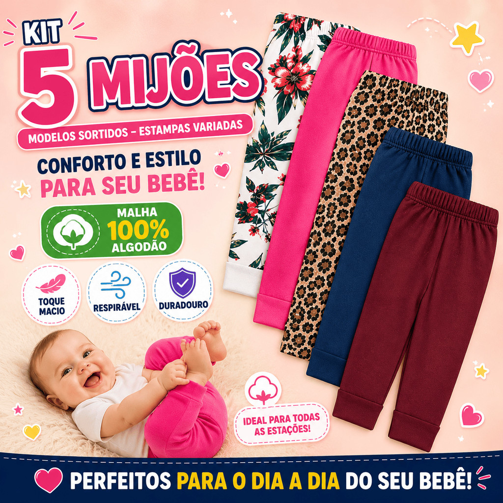 Kit 5 Mijões Bebê PMG 100% Algodão Calça Unissex Menino Menina Macio Respirável Confortável Cores Sortidas Premium