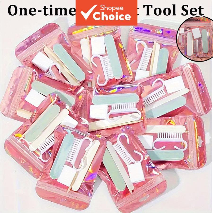Kit de ferramentas descartáveis para unhas tamanho mini curto, com lima, buffer, bastão de polimento e escova de cerdas