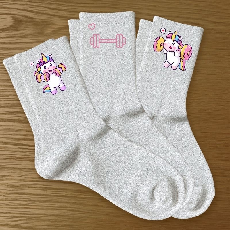 Kit 3 Pares Meias Estampadas Brancas Unicórnio Algodão Premium Macio Esportiva Academia Confortáveis Casual Feminina