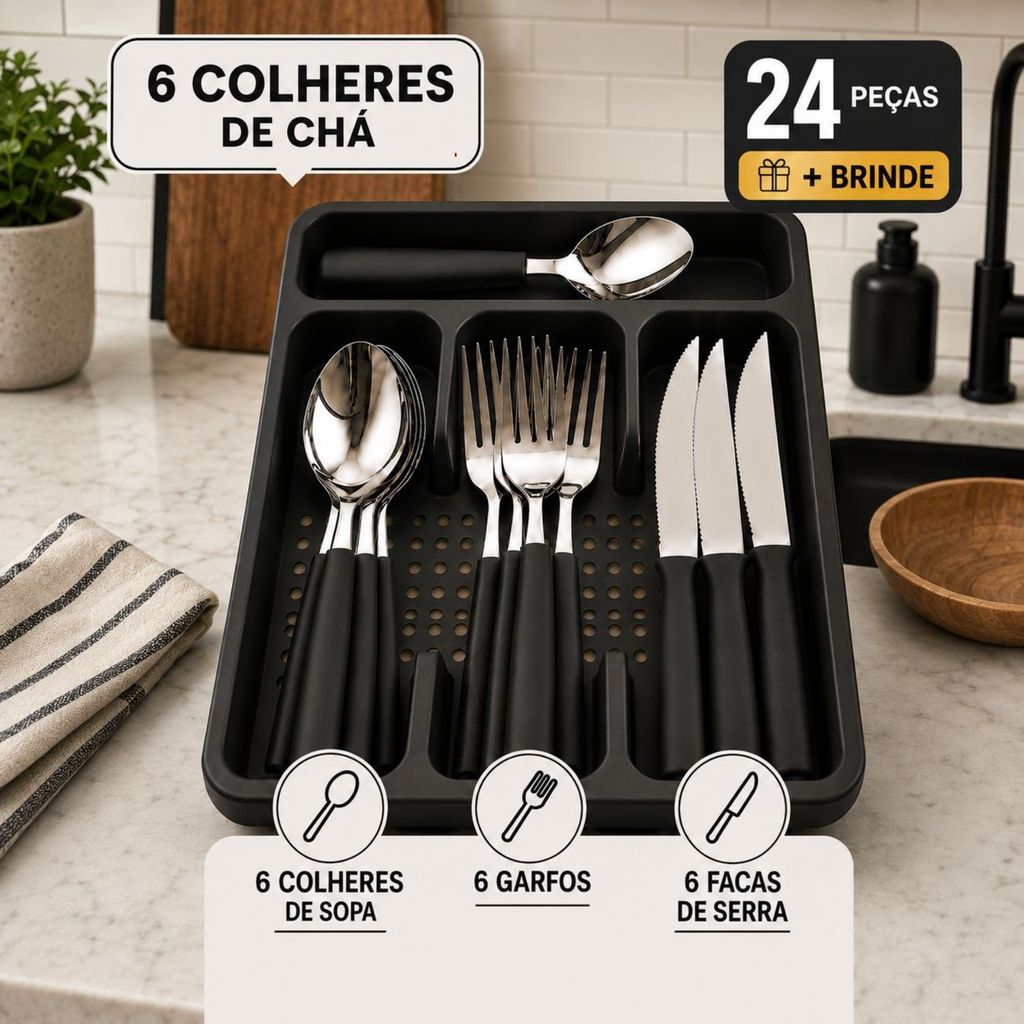 Conjunto de Talheres 24 Peças Inox com Suporte Gaveteiro Prático