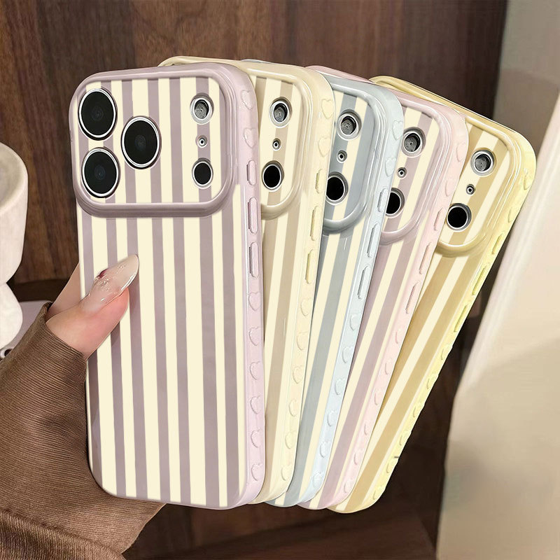 Simples Amarelo Listrado Caso De Telefone Para iPhone 17 16 15 14 13 12 11 Pro Max Plus Lado Coração Capa Macia