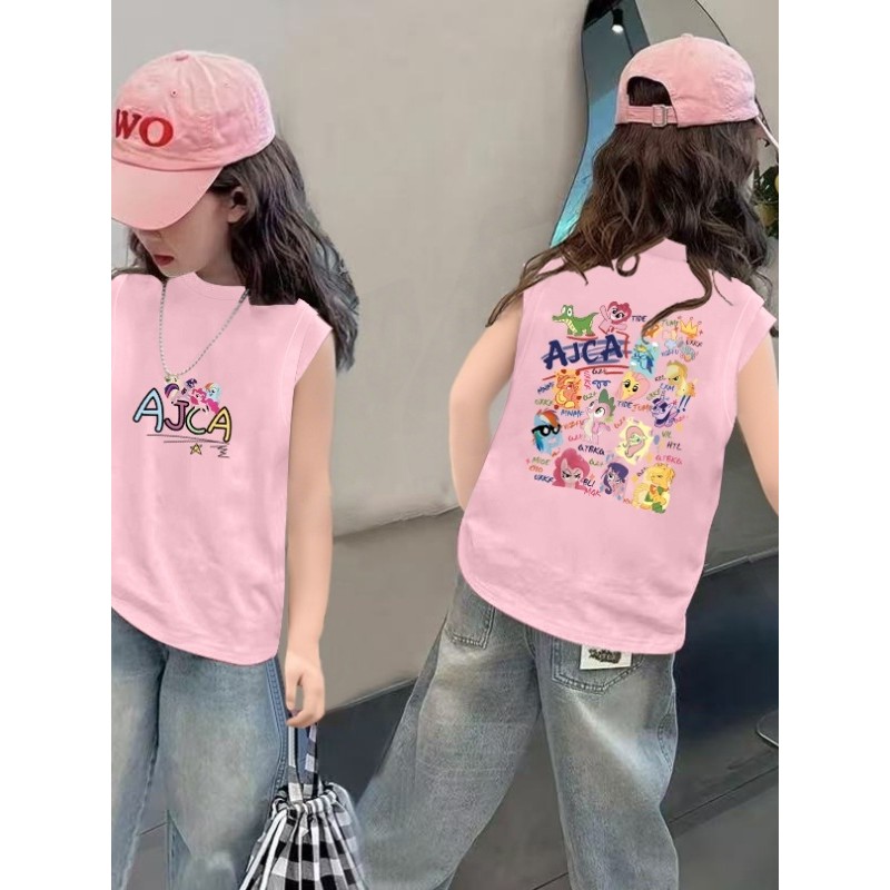 Crianças sem mangas camiseta médio grande crianças verão novo estilo moda versão coreana menina impresso gelo seda moda 