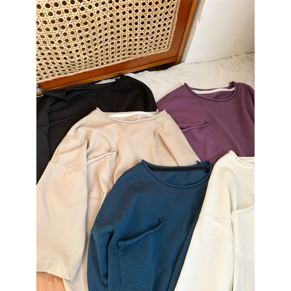 Muchen novo estilo roupas de outono 24 meninos cor sólida algodão manga comprida camiseta pequeno médio crianças bolso c