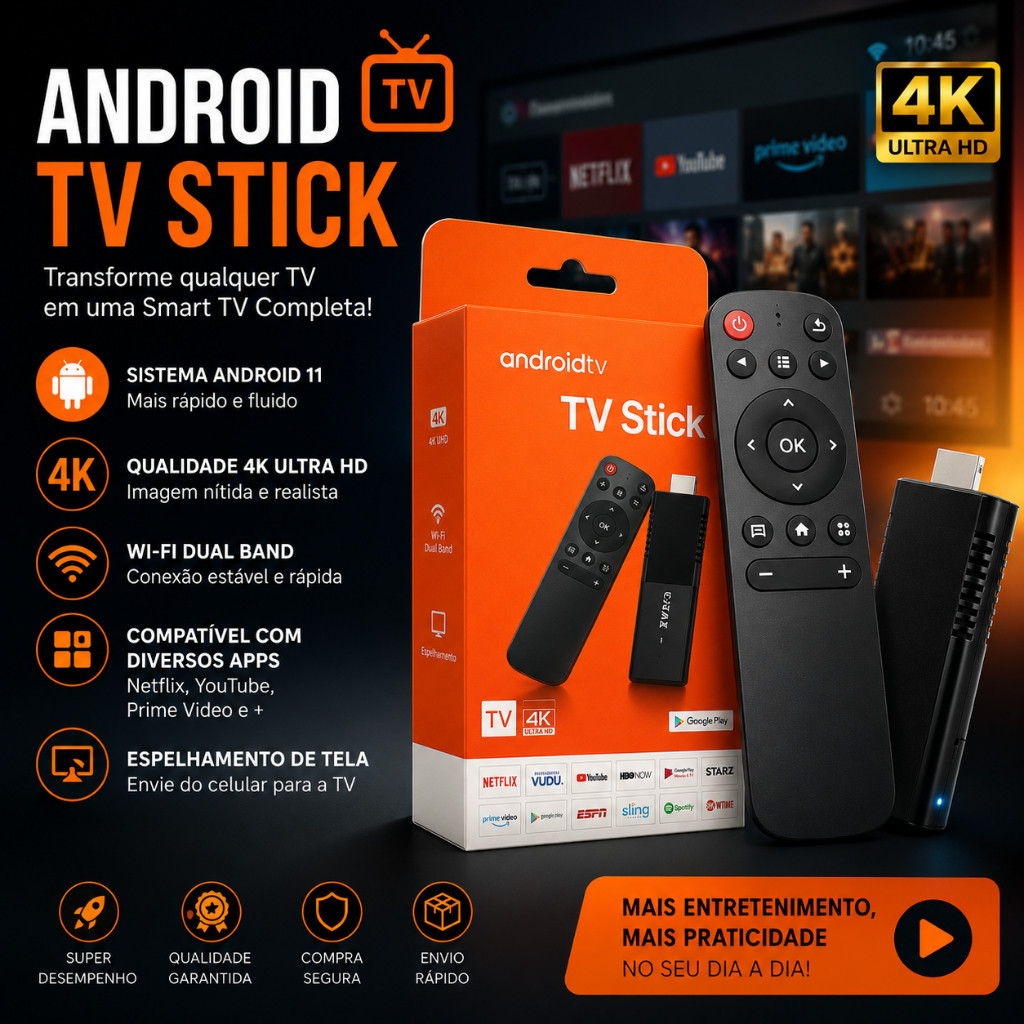 TV Stick Smart TV Android 13 Pro 8GB RAM 16GB 4K Wi-Fi Dual Band Netflix YouTube Google Assistente