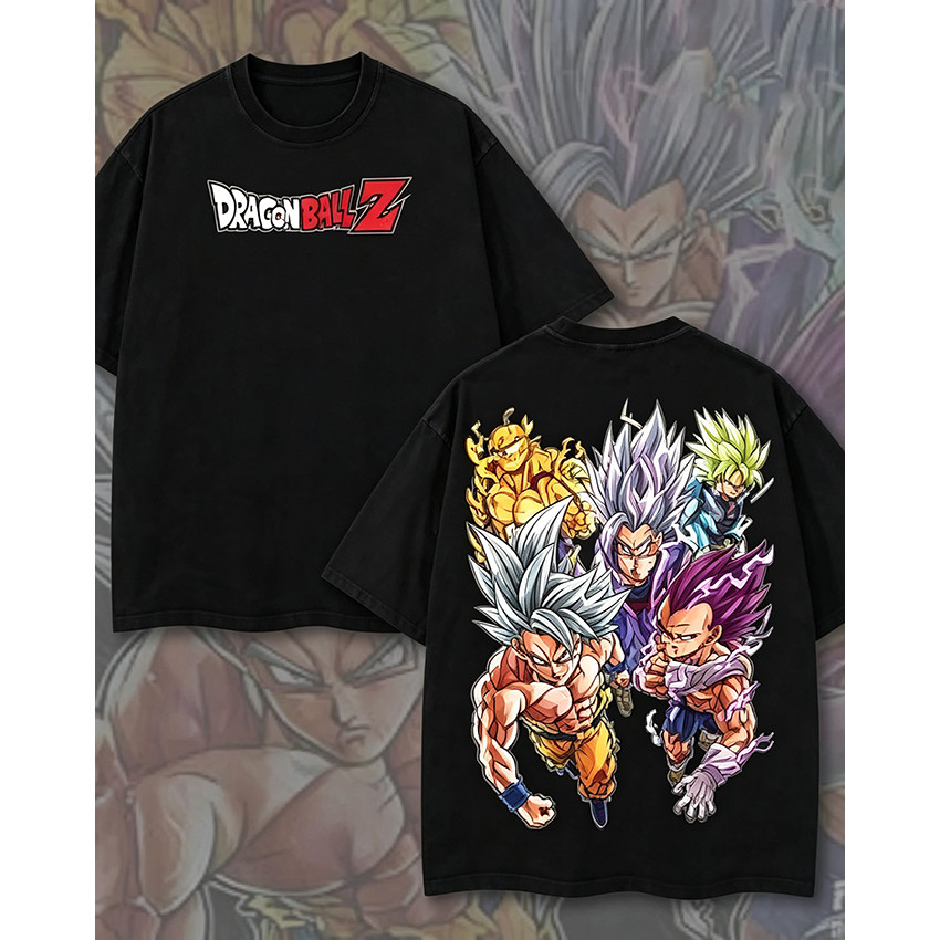 Camiseta Masculina Feminina Oversized Estampa Logo Dragon Ball Z Frente e Personagens Saiyajins nas Costas T-shirt