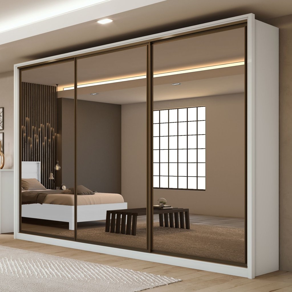 Guarda Roupa Casal 3 Portas de Correr 6 Gavetas com Espelho 100% MDF Spazio Super Glass Yescasa Branco Branco