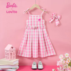 Barbie™ X Lovito Kids Férias Vestido Feminino Rosa Primavera/verão com Cinto e Laço para Menina LB1AD005