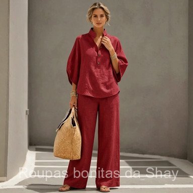 Conjunto Feminino de Algodão e Linho/Blusa Solta de Manga Longa com Decote em V e Calças de Perna Larga em Cor Sólida/Co — imagem 2 de 2