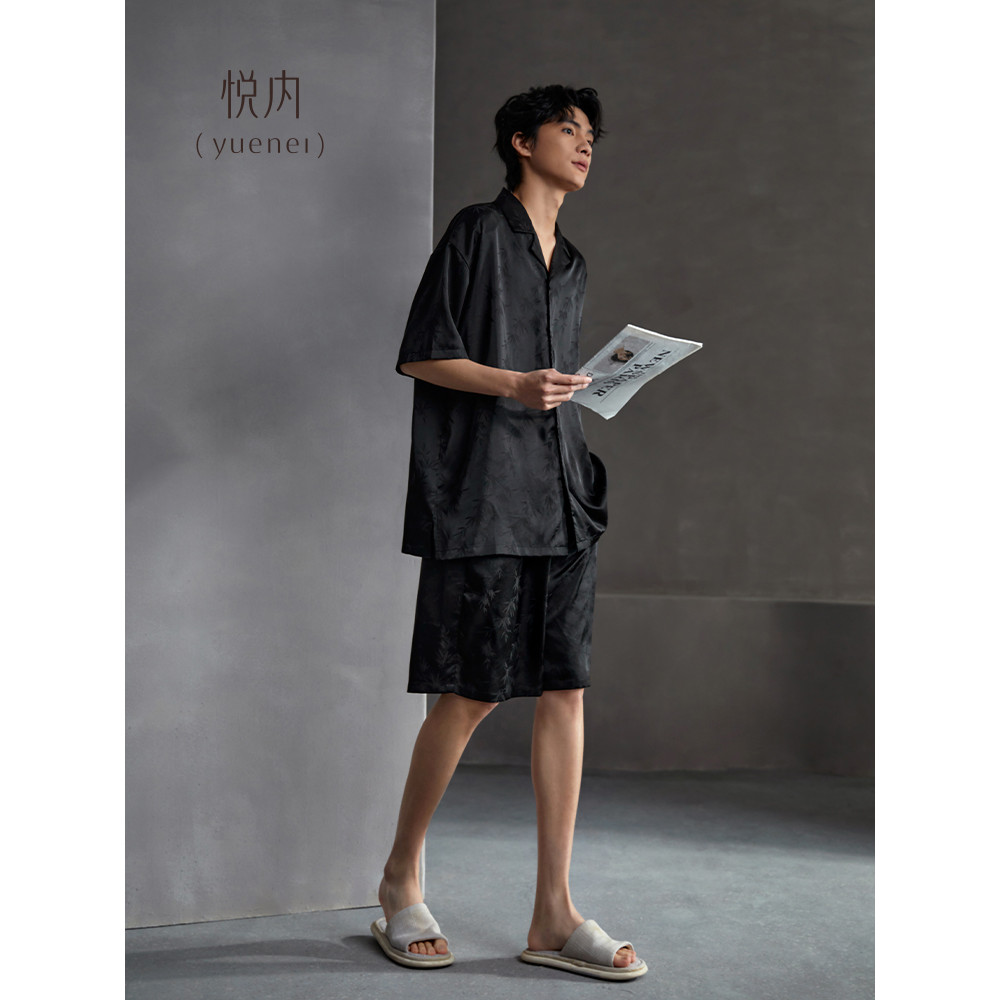Yue pijamas internos masculinos verão seda gelo Shorts de manga curta Loungewear estilo verão simulação de seda seda est