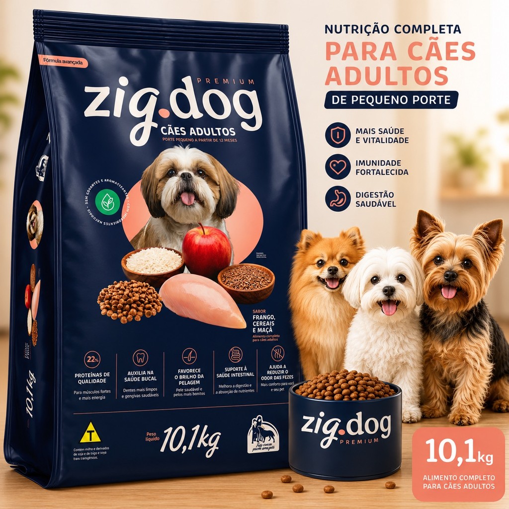 Saco Ração 10,1kg Cachorro Pequeno Porte Todas as Raças Premium Zig Dog Frango/C