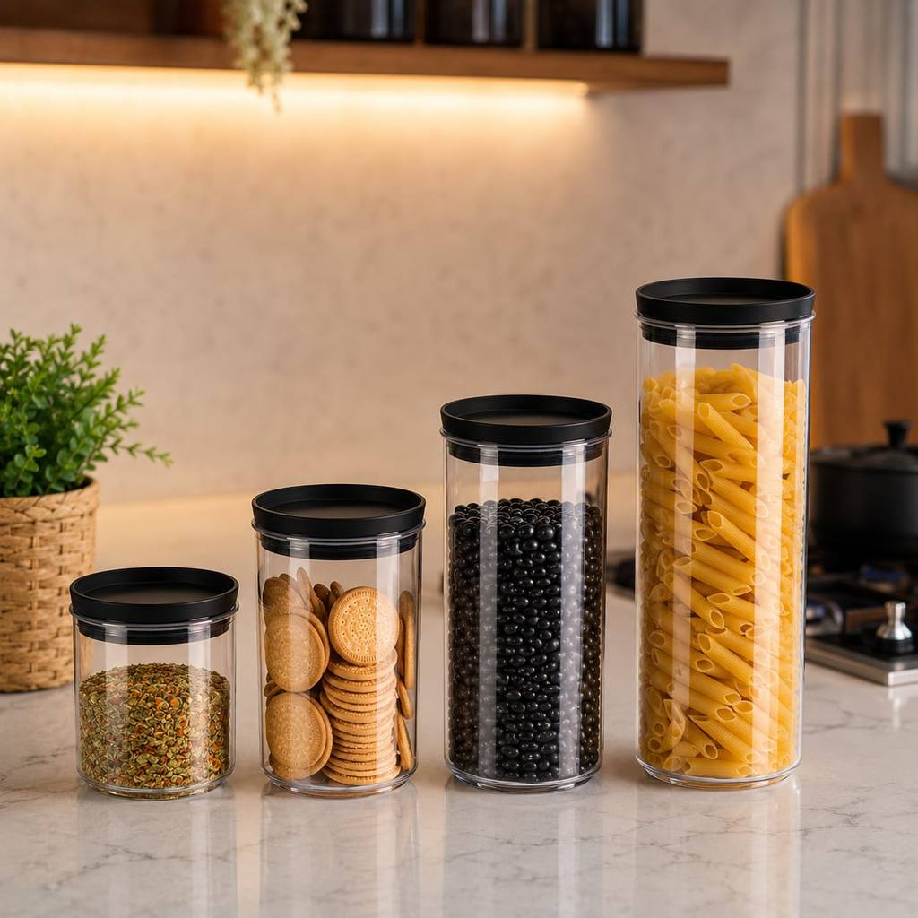 Kit 4 Potes Herméticos para Mantimentos Organizador Cozinha Empilháveis de Acrílico Transparente