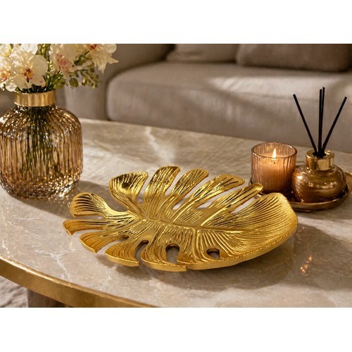 Bandeja Centro Mesa Decorativa Folha Casa Decoração Fruteira Dourado