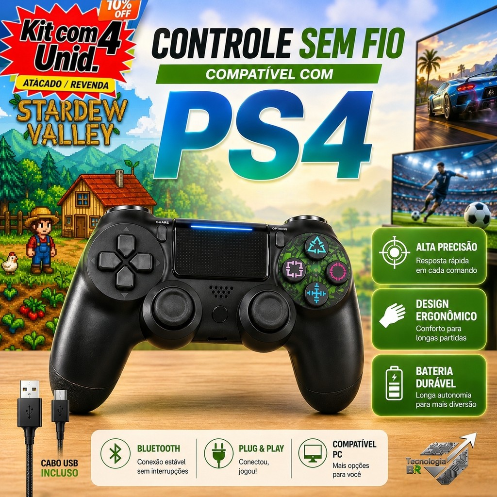 KIT4 Controle Sem Fio Bluetooth para PS4 Compatível com PC, Notebook e Smart TV, Joystick Recarregável Preto