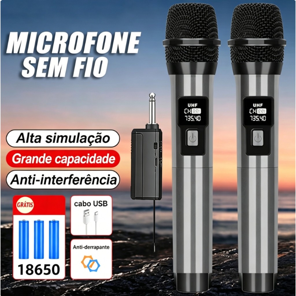 Kit 2 Microfones Sem Fio UHF Profissional Recarregável para Karaoke, Palestras e Shows Com Receptor