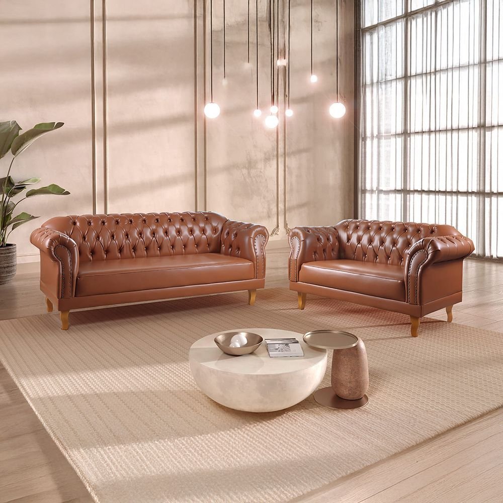 Conjunto de Sofás Chesterfield 5 Lugares Couro Sintético Marrom Duque 200cm Yescasa Caramelo