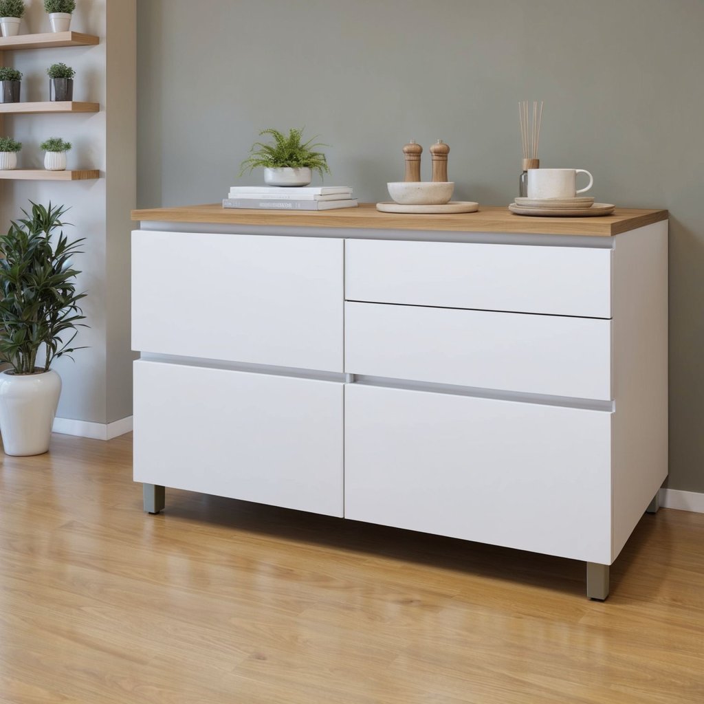 Balcão 1 Porta Basculante 4 Gavetas 120cm 100% MDF Rainha Branco/Nature Branco/Nature