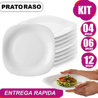 Kit Jogo 04/06/12 Pratos Quadrado Raso Branco Opaline Liso Vidro Temperado 23,5cm Elegante Cozinha