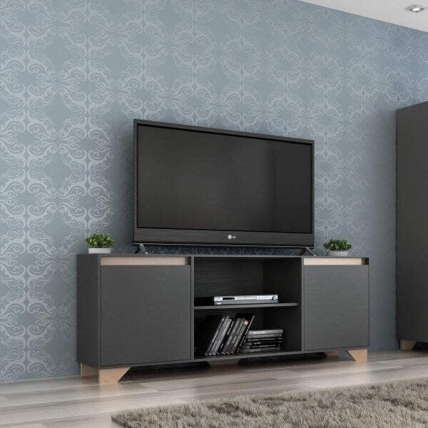 Rack para TV até 60 Polegadas 180cm 2 Portas 3 Prateleiras Benevello Quiditá Cinza Grafite