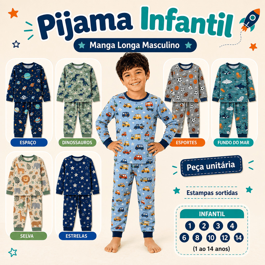 Pijama Infantil Menino Manga Longa Inverno 2 Peças Calça Blusa Estampas Sortidas Roupa de Dormir Bebê Criança Frio