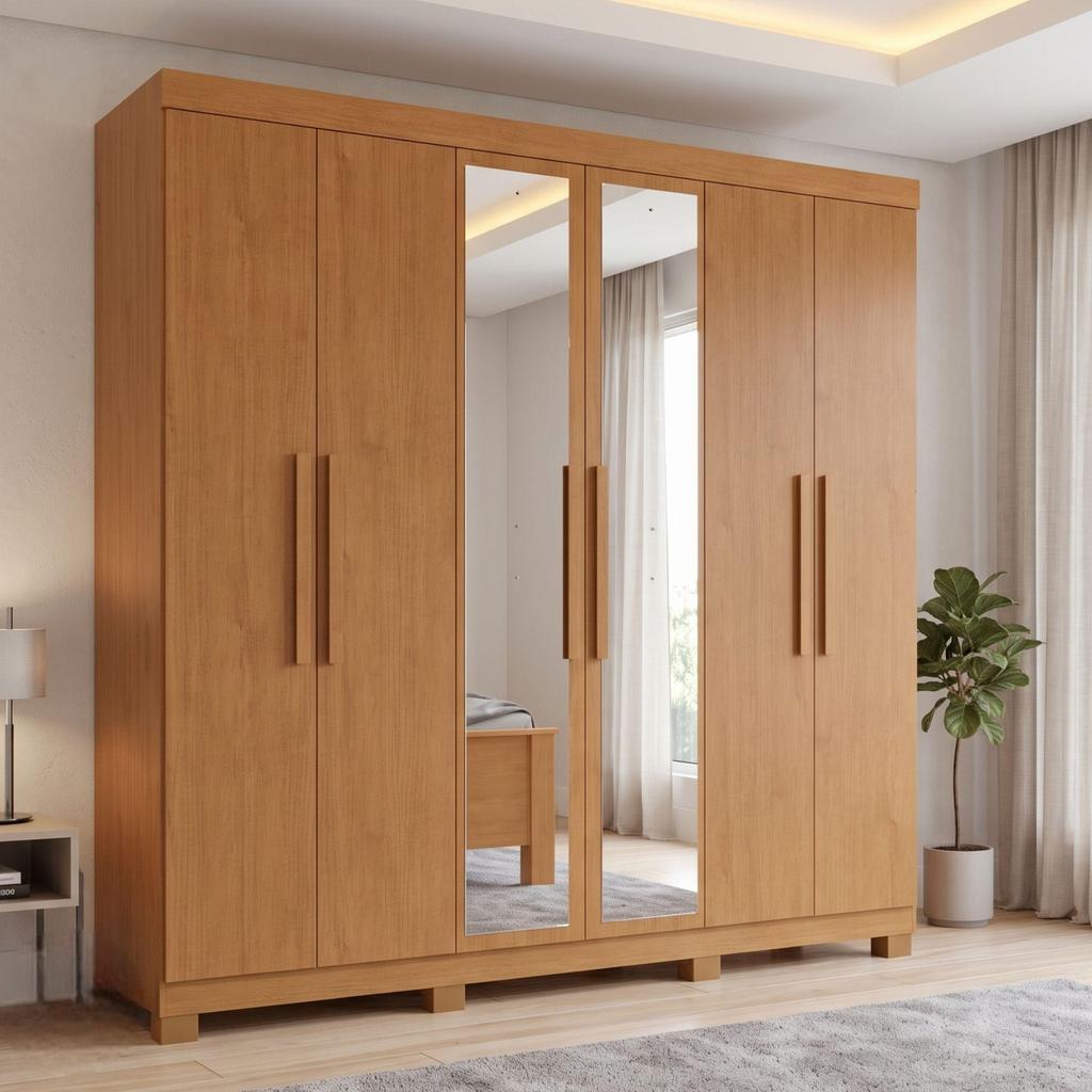 Guarda-Roupa Casal Easy Slim 6 Portas Com Espelho E Pés Amêndoa Clean