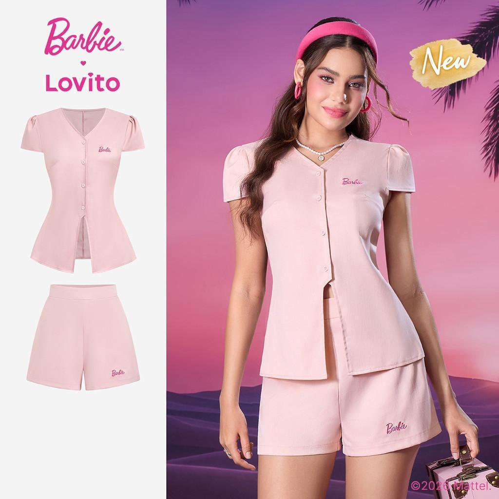 BarbieTM X Lovito Top Rosa Manga Curta Gola Média Pernas Largas Bordado Botões e Fenda Frontal LBL5AD051