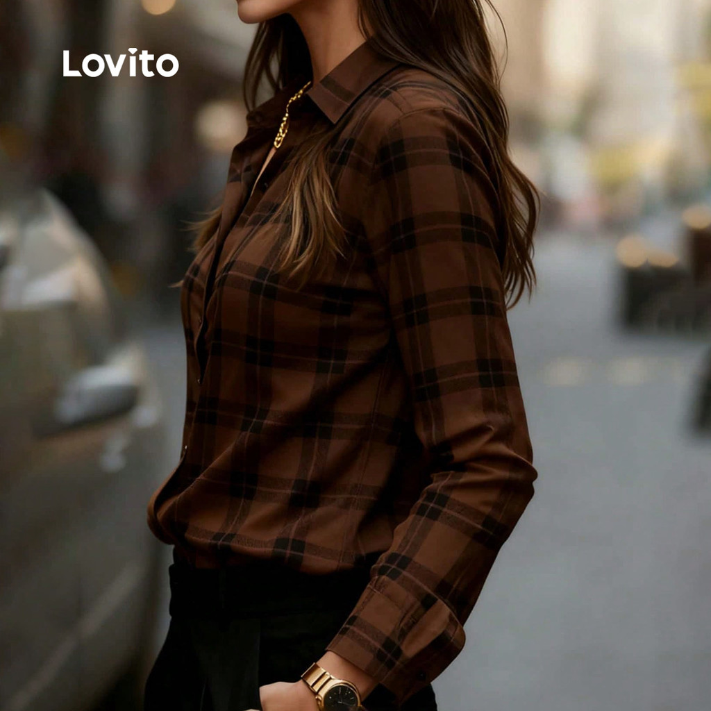 Lovito Blusa Elegante com Botões Na Frente Padrão Marrom Outono/inverno para mulheres BLK8BR165 · foto 2
