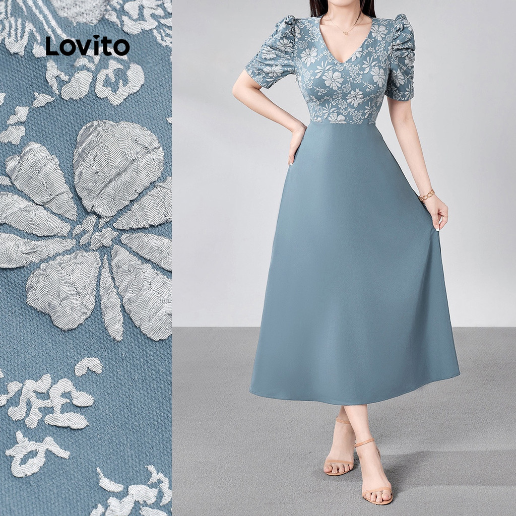 (Elegante)Lovito Vestido Midi Azul Elegante Com Estampa Floral Jacquard Colorblo