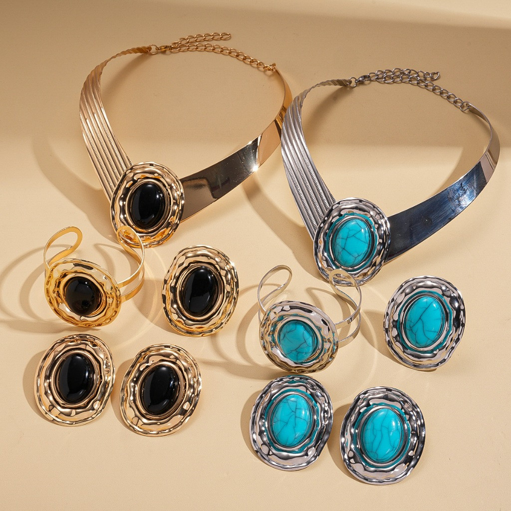 Conjunto de Joias Femininas Banhadas a Ouro com Pedras Preciosas Exageradas: Brincos, Colar, Pulseira, Anel, Adequado pa