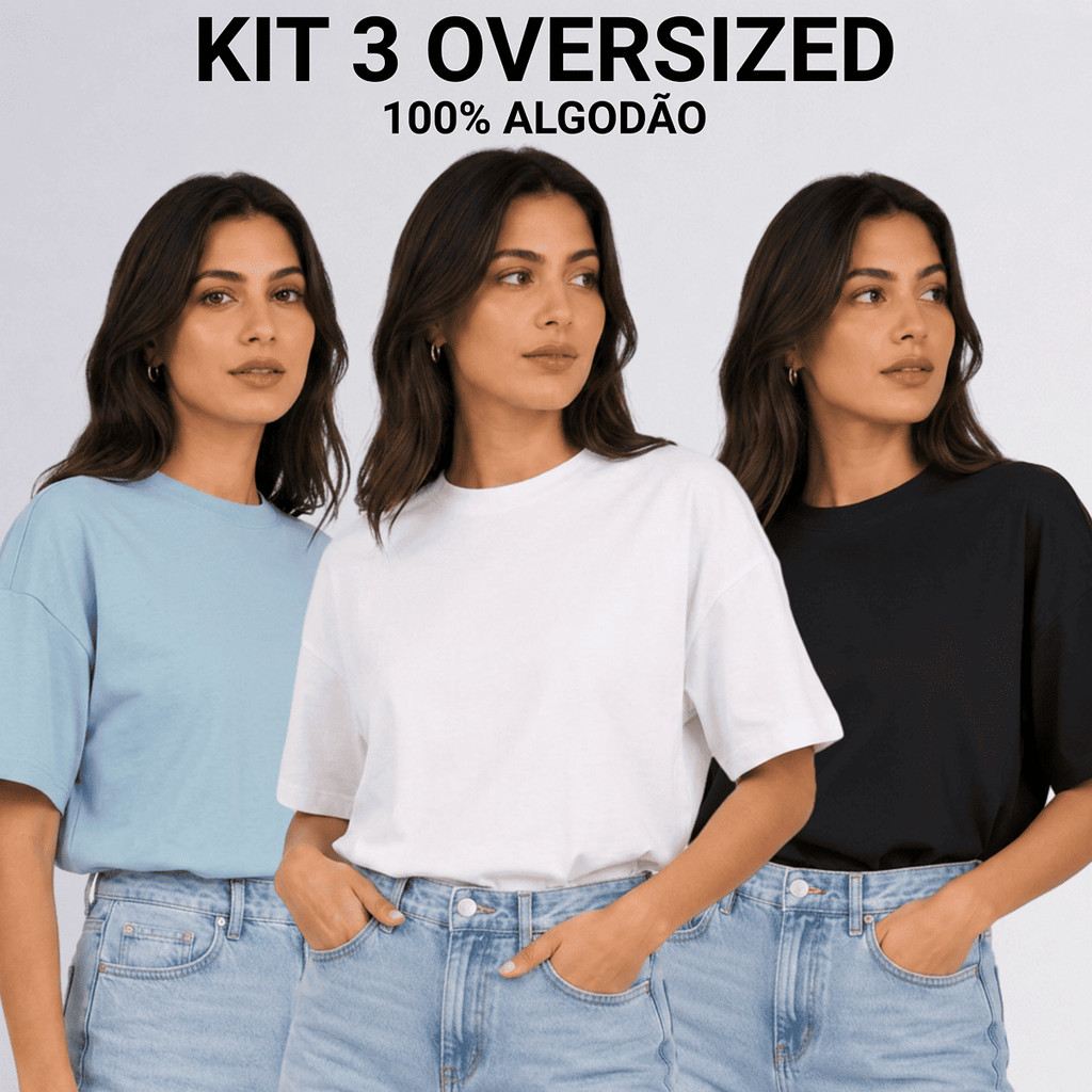 Kit 3 Camiseta Oversized Feminina 100% Algodão Lisa Streetwear Blusa Casual T-shirt Lisa