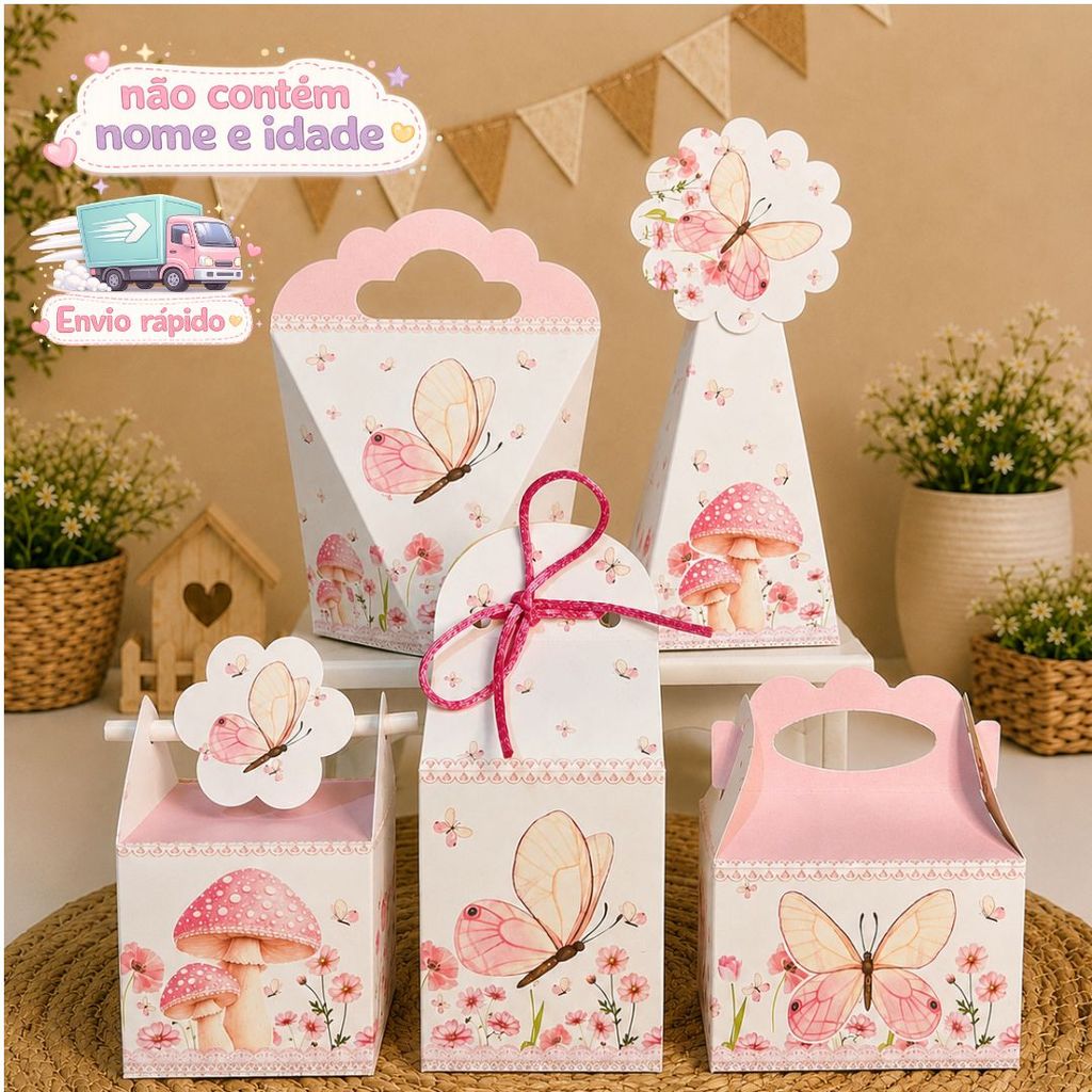 Kit Caixinhas JARDIM DAS BORBOLETAS ROSA  Lembrancinha Para Festa decoração aniversário- pegue e monte