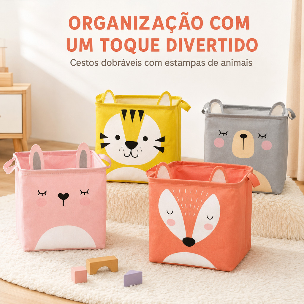 🧺 Cesto Dobrável Multiuso Impermeável | Organizador De Roupa E Brinquedos Modelos Animais 27x27cm