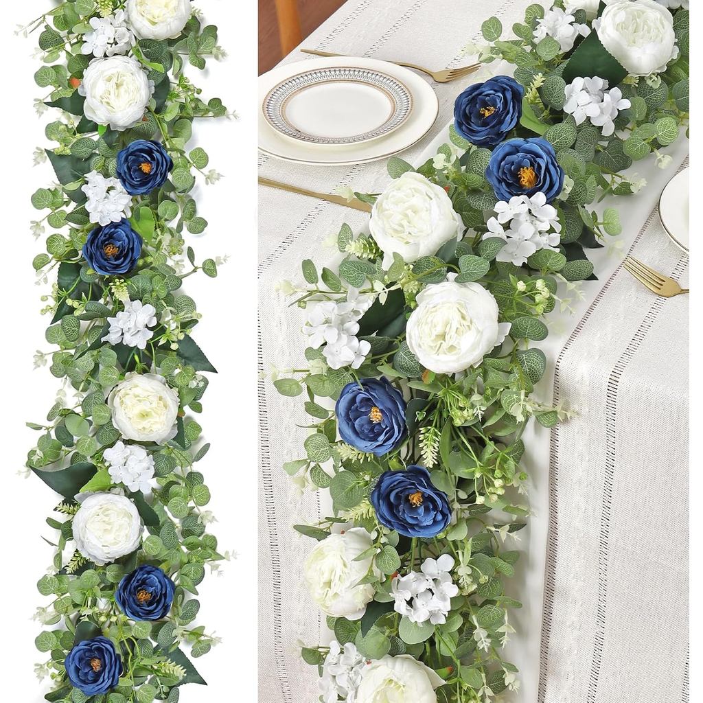 Betylifoy Pacote com 2 Guirlandas de Flores Azuis e Brancas de 6,2 pés, Guirlandas Artificiais de Eucalipto, Flores Fals