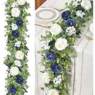 Betylifoy Pacote com 2 Guirlandas de Flores Azuis e Brancas de 6,2 pés, Guirlandas Artificiais de Eucalipto, Flores Fals