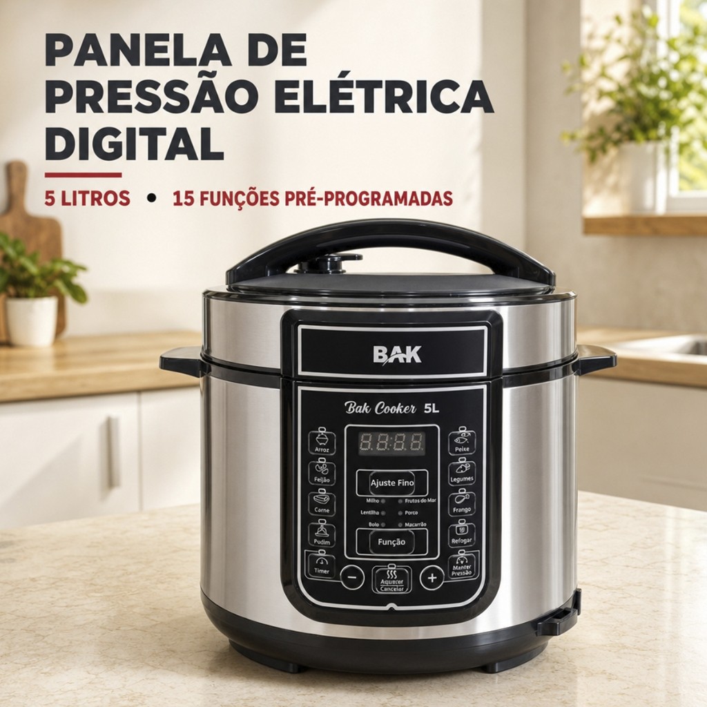 Panela De Pressão Elétrica Digital 5 Litros Inox 110V 15 Funções Timer Cuba Antiaderente BAK