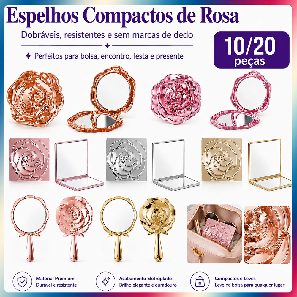 10/20 Espelhos de Maquiagem Portáteis com Flor 3D Redondo Dobrável Quadrado 3x ou de Mão para Casamento e Presente