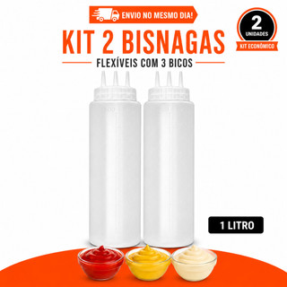 Kit 2 Bisnagas Squeeze Flexíveis 1 Litro 3 Bicos Molho Ketchup Mostarda Maionese Vinagre