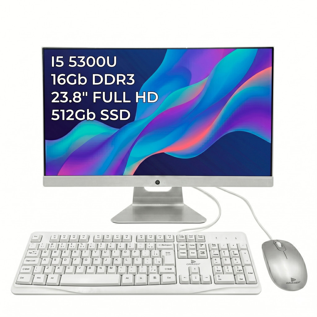 All In One Intel PC Core I5-5300U 16GB RAM 1600MHz SSD M.2 512GB Display 23,8” Full HD WebCam Completo Teclado+Mouse