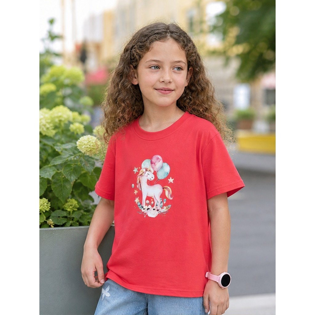 Meninas Algodão Manga Curta Camiseta Bonito Arco-Íris Balão Unicórnio Impressão Dos Desenhos Animados Solto Crianças Top