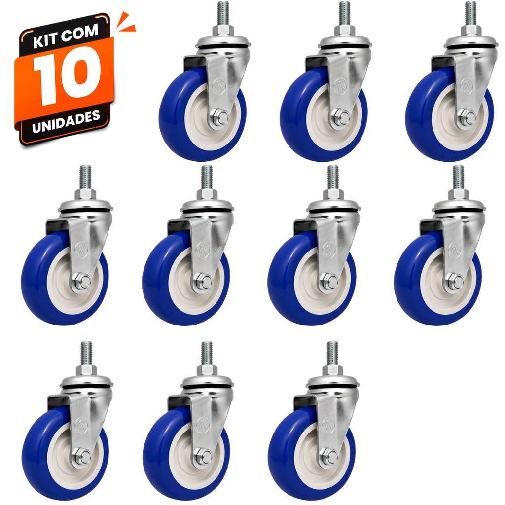 Kit 10 Rodinhas Rodas Giratórias Carrinho Supermercado Mercado Ajax Rosca 3" PVC Azul 80kg Alta Resistência Comércio